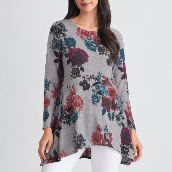Chico's Tops - Chicos Multicolored Rose Print Button Sleeve Knit Tunic Shirt